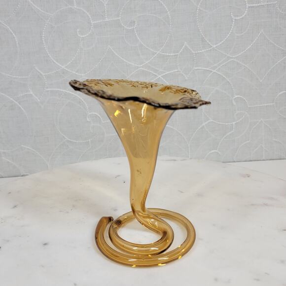 Vintage Handblown Glass Flower Vase 5" Amber Swirl Stem Murano Elegant - Picture 2 of 13